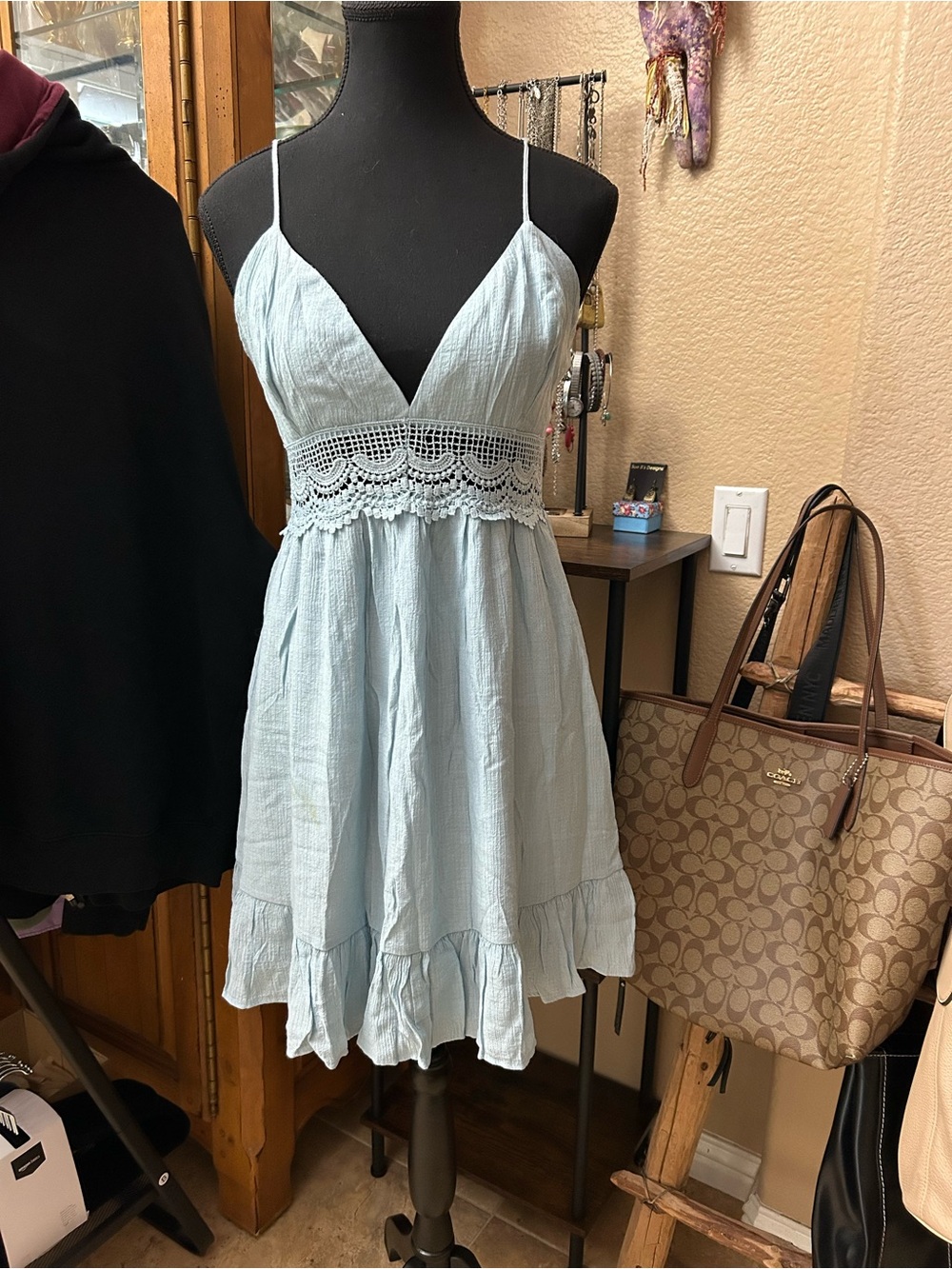 Love Tree Light Blue Crochet-Trim Mini Dress